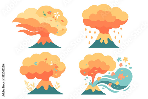 Colorful illustration of a volcano with flowers, showcasing different states of eruption and activity across a serene landscape