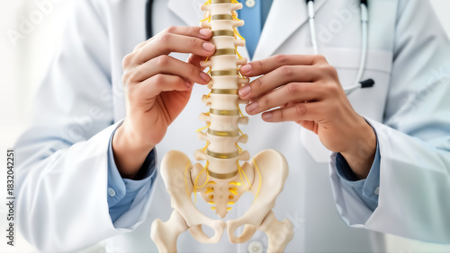 Closeup of a medical professional in a white coat holding and examining a detailed model of the human lumbar spine and pelvis to explain spinal anatomy or a back condition