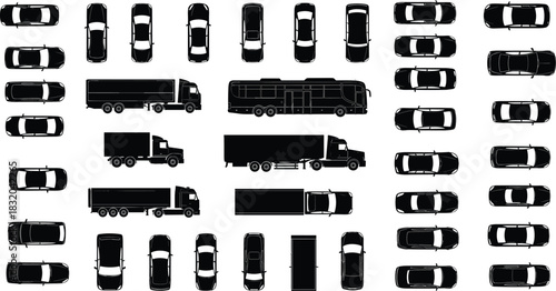 Collection of black silhouette vehicles including cars trucks and bus from top and side views