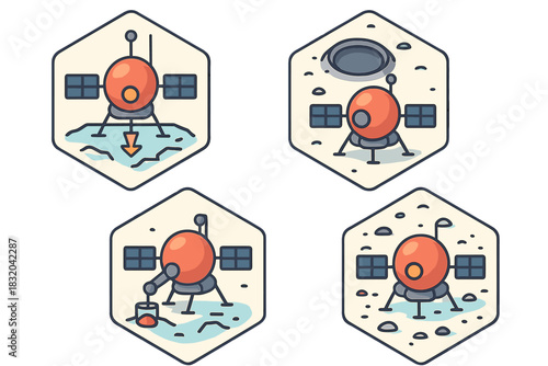 Mars exploration mission illustrations showing various stages of a lander's operation on the Martian surface