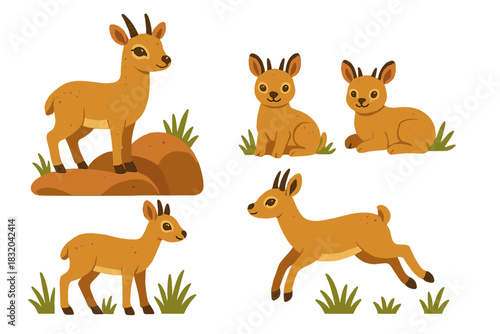 Charming cartoon goats in various playful poses in a grassy setting