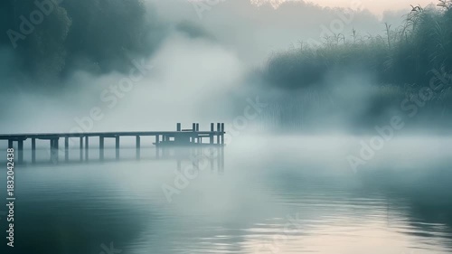 Serene Misty Morning Over a Calm Lake with a Wooden Pier and Reeds dock water