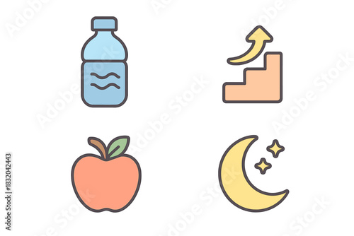 Healthy lifestyle icons featuring water, fitness, fruit, and nighttime elements for wellness inspiration