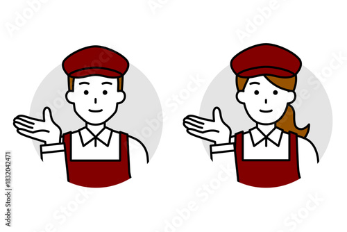 案内するカフェの男女の店員のアイコン　セット