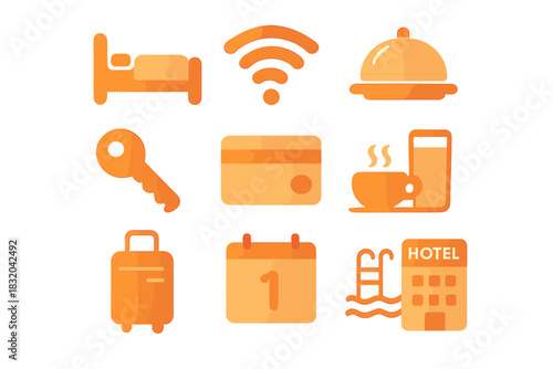 Hotel stay icons featuring essential services, amenities, and activities for travelers planning their trips
