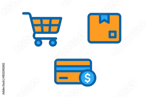 Shopping cart, package, and credit card symbols representing online purchasing concepts and e-commerce activities