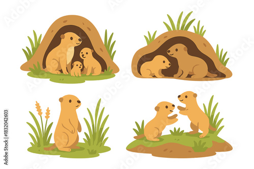 Family of meerkats playing and resting in their underground burrow during a sunny day in the grasslands