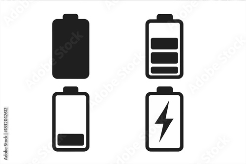 Battery icons in various charging states on a simple background in black and white