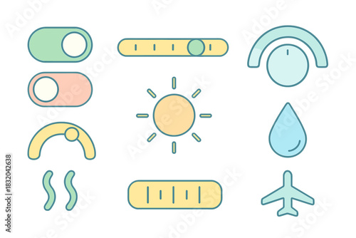 Colorful digital icons representing various controls for a sunny day, such as switches, sliders, and symbols