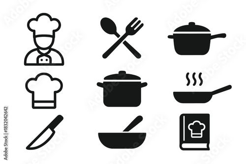 Chefs, utensils, and cooking tools represented in black silhouette style for culinary arts and kitchen design