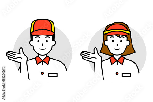 案内するファストフード店の男女の店員のアイコン　セット
