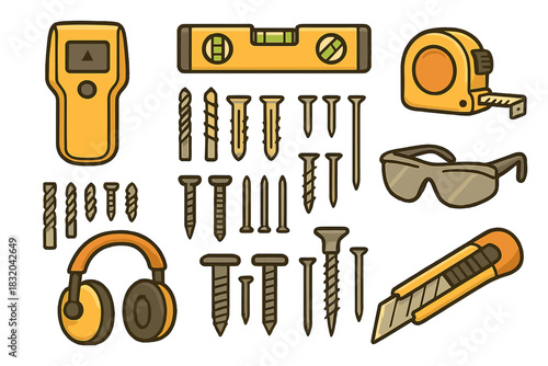 Tools and equipment for home improvement projects laid out neatly on a surface