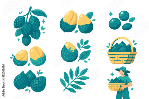 Creative illustration of tropical fruits with a focus on avocados and a person harvesting in a sunny environment