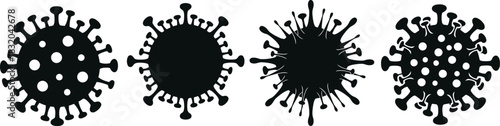 Four stylized virus shapes in black on white background