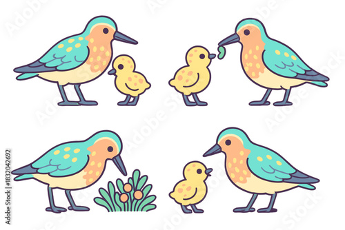 Birds caring for their chicks in a colorful nature scene during spring