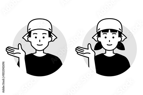 案内する居酒屋の男女の店員のアイコン　セット