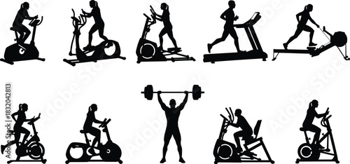 Diverse group of people silhouettes exercising on gym equipment and lifting weights