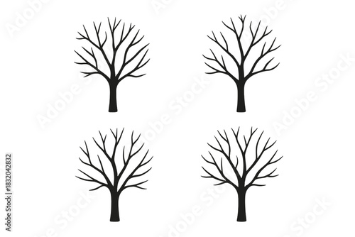 Dark silhouettes of four barren trees standing against a plain background in a minimalistic artistic design