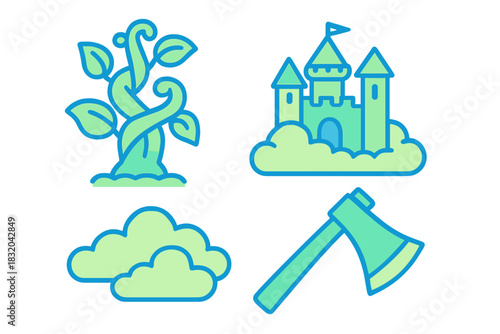 Nature and fantasy elements including a tree, castle, clouds, and axe in a creative design