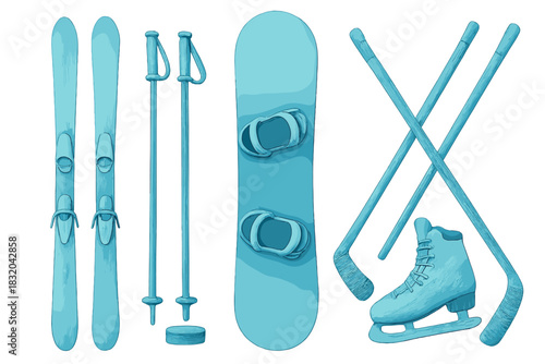 Winter sports equipment arranged on a flat surface showcasing skis, snowboard, ice skates, and poles in bright blue colors