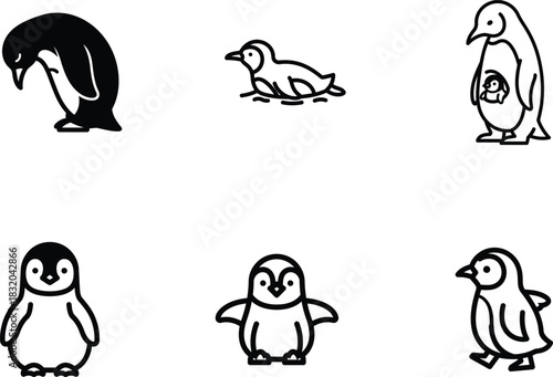 Charming penguin outlines showcase diverse activities and family dynamics conveying a sense of animal life and unique character demonstrating different penguin species and behaviors