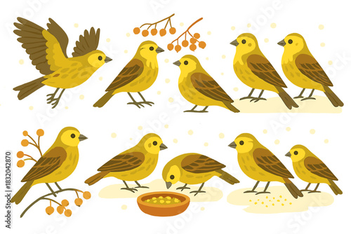 Yellow birds interacting in a playful scene with food and nature elements