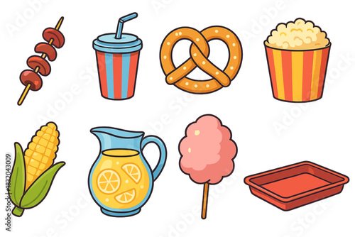Fun fair snacks including cotton candy, popcorn, and lemonade served at a festive outdoor event