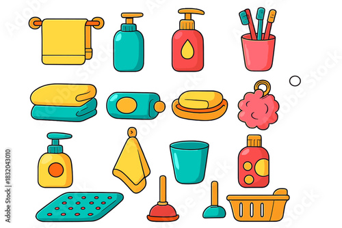 Colorful bathroom items arranged in a playful design showcasing towels, soap, and cleaning supplies