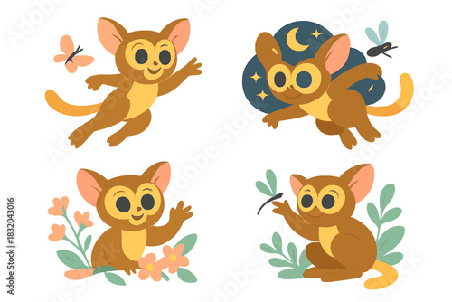 Cute cartoon creatures playing in nature during a moonlit evening with flowers and insects around