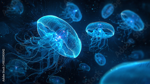 A mesmerizing display of jellyfish illuminated in the deep sea. The ethereal glow of the creatures creates an otherworldly atmosphere. 