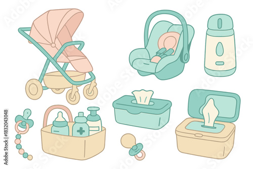 Essential baby gear for new parents, featuring stroller, car seat, and essential items for infant care at home and on the go