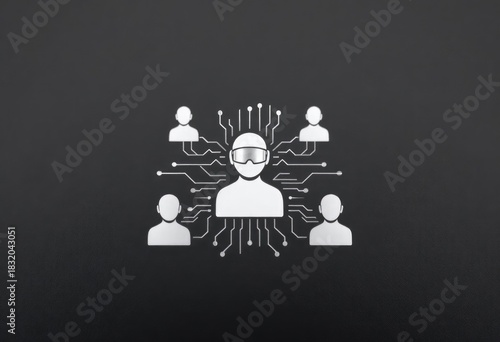 White icon figures connected by circuit lines with central figure wearing VR headset
