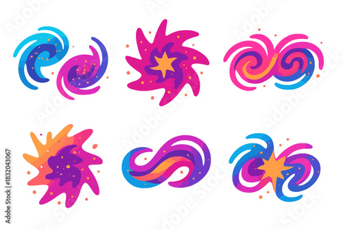 Colorful abstract designs featuring swirling shapes and star elements in vibrant hues