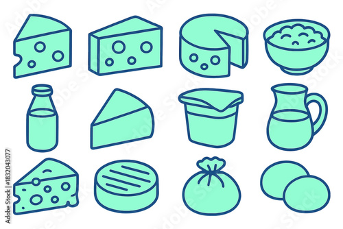 Various dairy products and cheese types displayed in a simple, colorful style that highlights their unique shapes and textures
