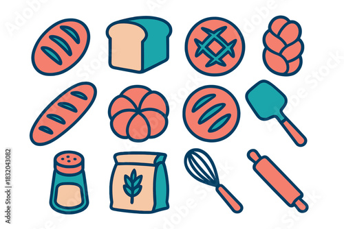 Baked goods and utensils for bread-making arranged in a colorful illustration featuring various shapes of bread