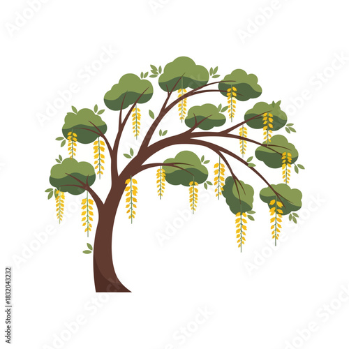 Stylized tree illustration with cascading golden flowers and verdant foliage creates a peaceful