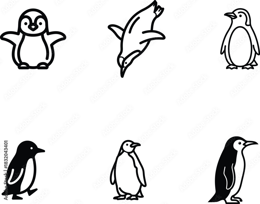 Naklejka premium Collection of penguin icons showcasing different poses and activities in black and white minimalist vector style perfectly suitable for logo design and conservation projects