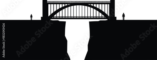 Silhouette of a large arch bridge spanning a deep chasm with two small figures on either side