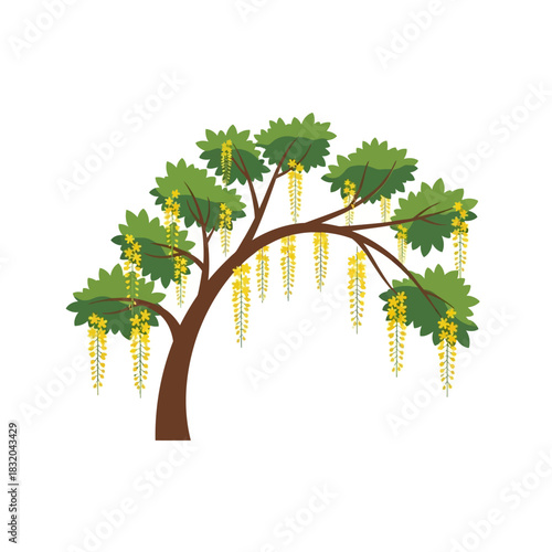 Stylized wisteria tree illustration with cascading yellow blooms, a symbol of elegance