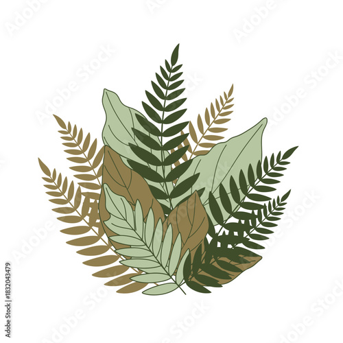 Elegant botanical arrangement featuring ferns and broad leaves in muted green and brown shades