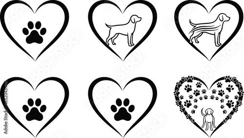 Six black and white heart shapes with dog paw prints and dog silhouettes love