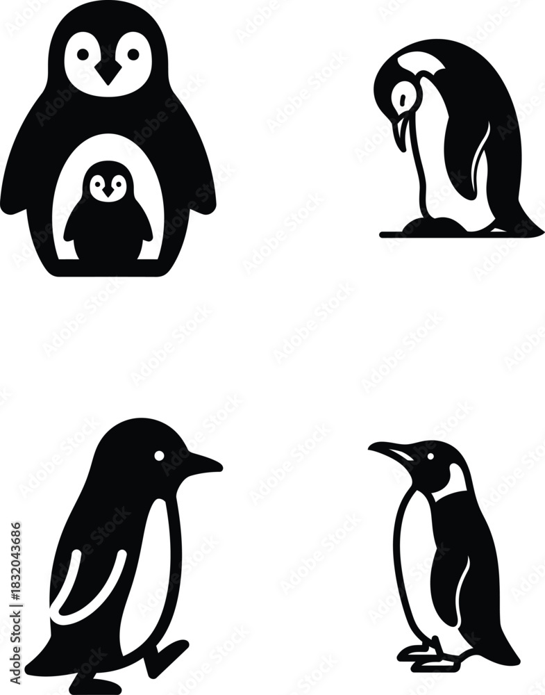 Obraz premium Penguin vector illustration set depicting different penguin poses and scenes perfect for wildlife enthusiasts and those seeking minimalist animal designs showcasing avian beauty