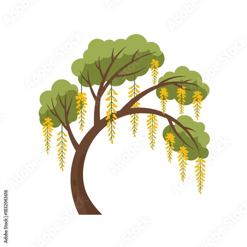 Whimsical golden chain tree illustration with cascading blossoms in a botanical garden setting