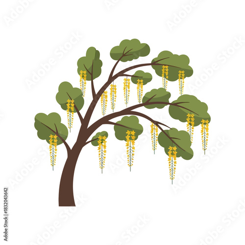 Elegant stylized tree illustration with hanging golden flowers in a serene isolated scene