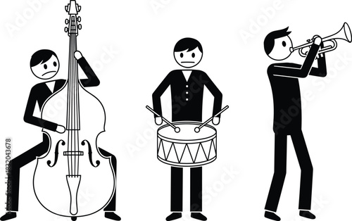 Stick figures playing double bass drum and trumpet in black and white musician