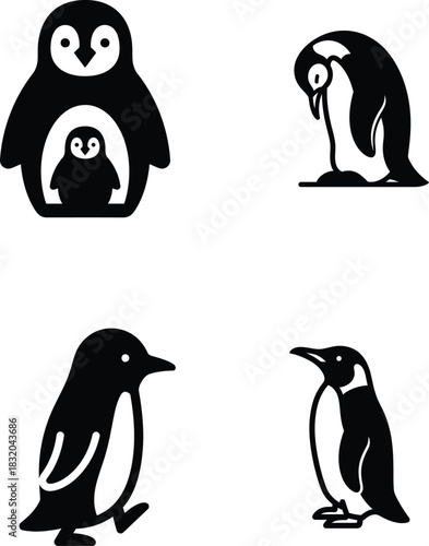 Penguin vector illustration set depicting different penguin poses and scenes perfect for wildlife enthusiasts and those seeking minimalist animal designs showcasing avian beauty