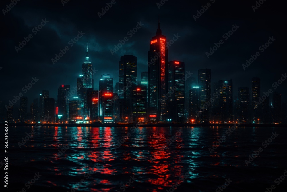 Fototapeta premium Night city skyline cityscape with neon lights and water reflection dark urban landscape photography wallpaper