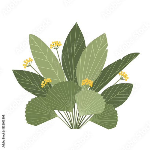 Botanical illustration of tropical foliage with yellow blossoms in a minimalist design