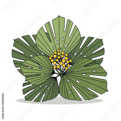 Botanical illustration: Detailed depiction of tropical foliage and vibrant yellow flora, inviting
