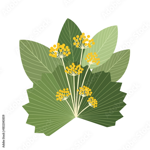 Stylized floral arrangement with delicate yellow blooms and textured green foliage creating a